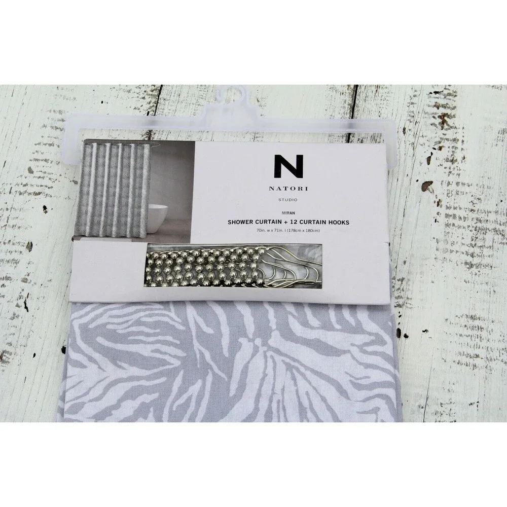 Natori Classic White and Grey Fabric Shower Curtain + 12 Curtain Hooks